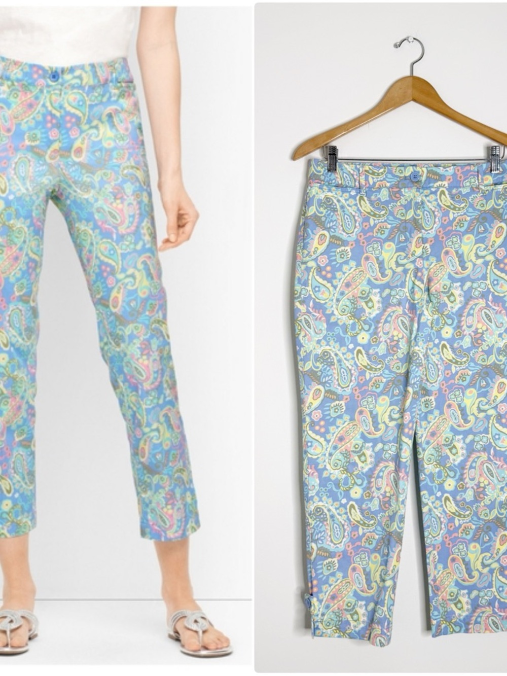 Talbots Paisley Perfect Crop Pants Size 6 Blue Stretch Ankle